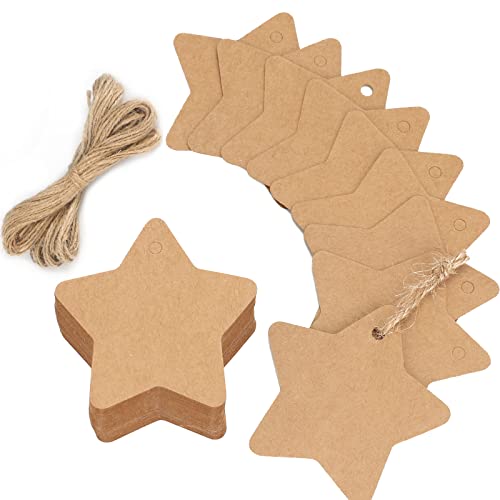 G2PLUS Star Gift Tags 100PCS Blank Star Shaped Tags Kraft Paper Gift Tag with String for Present Wrapping DIY Arts Crafts Wedding Christmas Party Favors Brown